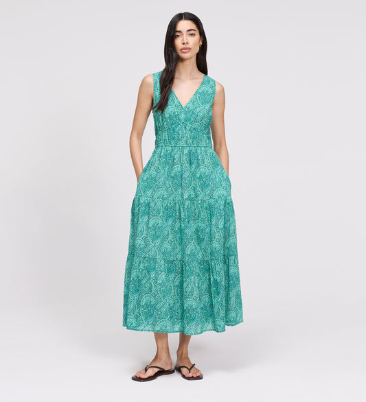 Shannon Green Paisley Cotton Voile Tiered Midi Dress