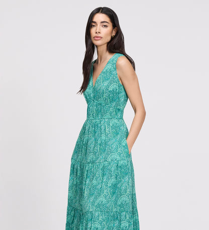 Shannon Green Paisley Cotton Voile Tiered Midi Dress