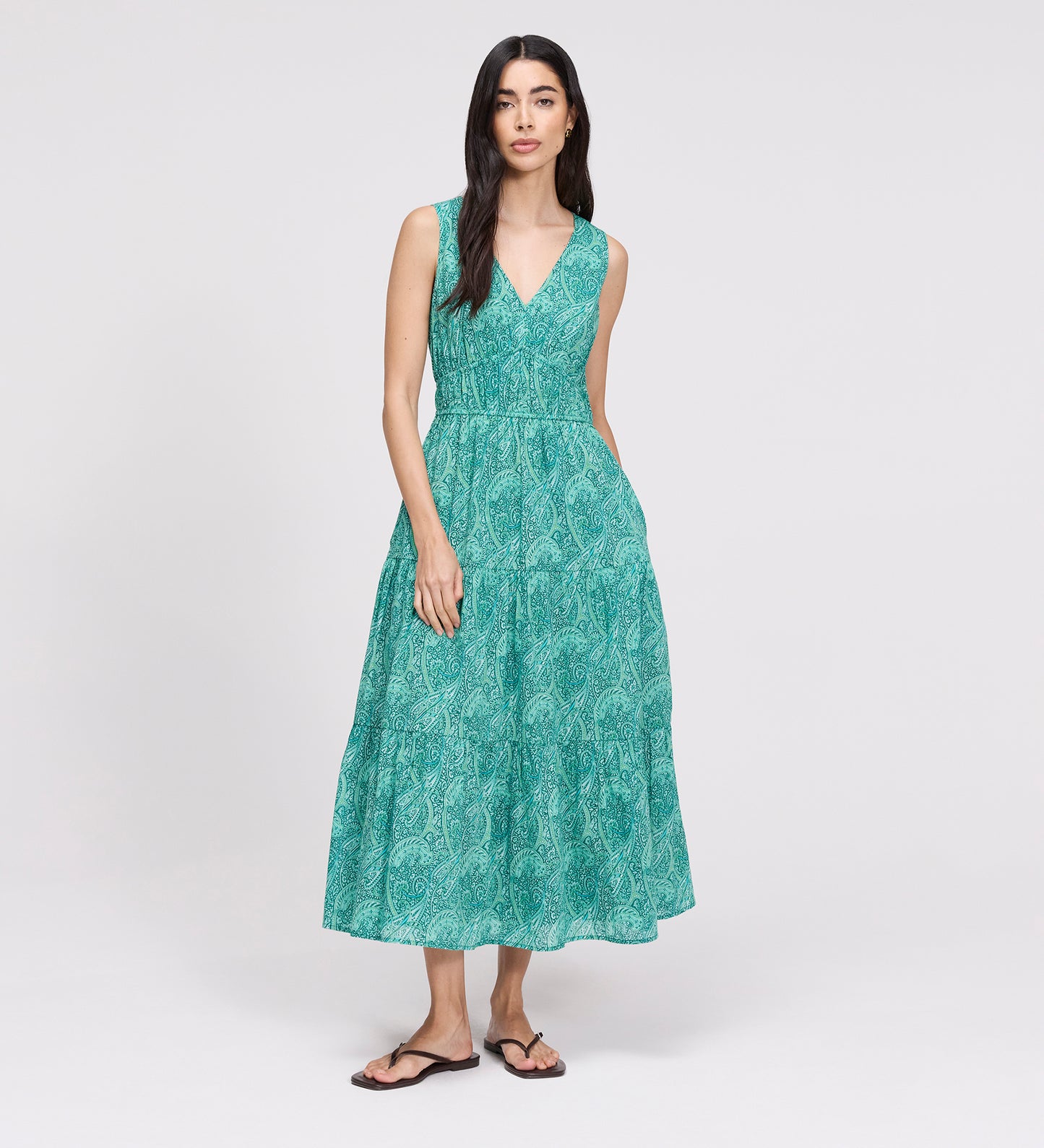 Shannon Green Paisley Cotton Voile Tiered Midi Dress