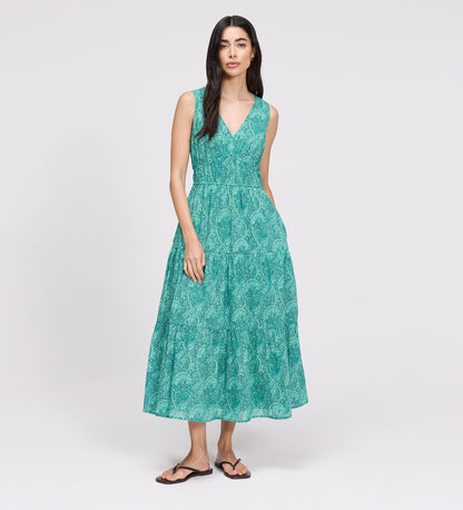 Shannon Green Paisley Cotton Voile Tiered Midi Dress