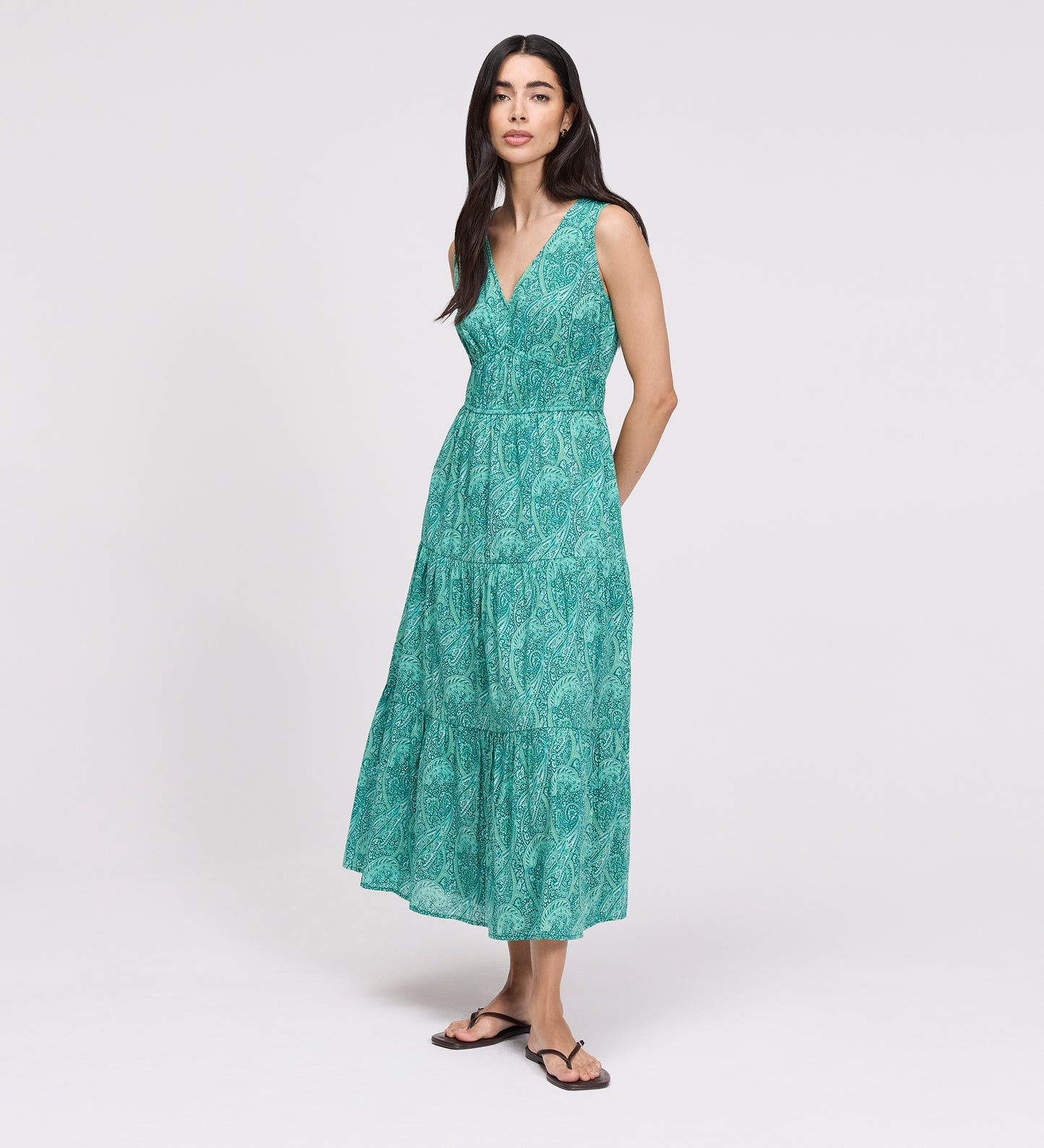 Shannon Green Paisley Cotton Voile Tiered Midi Dress