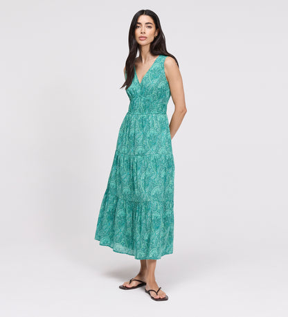 Shannon Green Paisley Cotton Voile Tiered Midi Dress