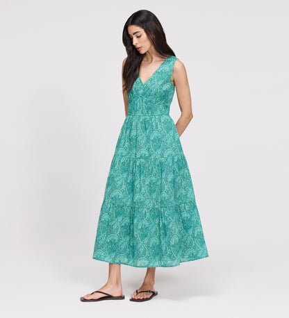 Shannon Green Paisley Cotton Voile Tiered Midi Dress