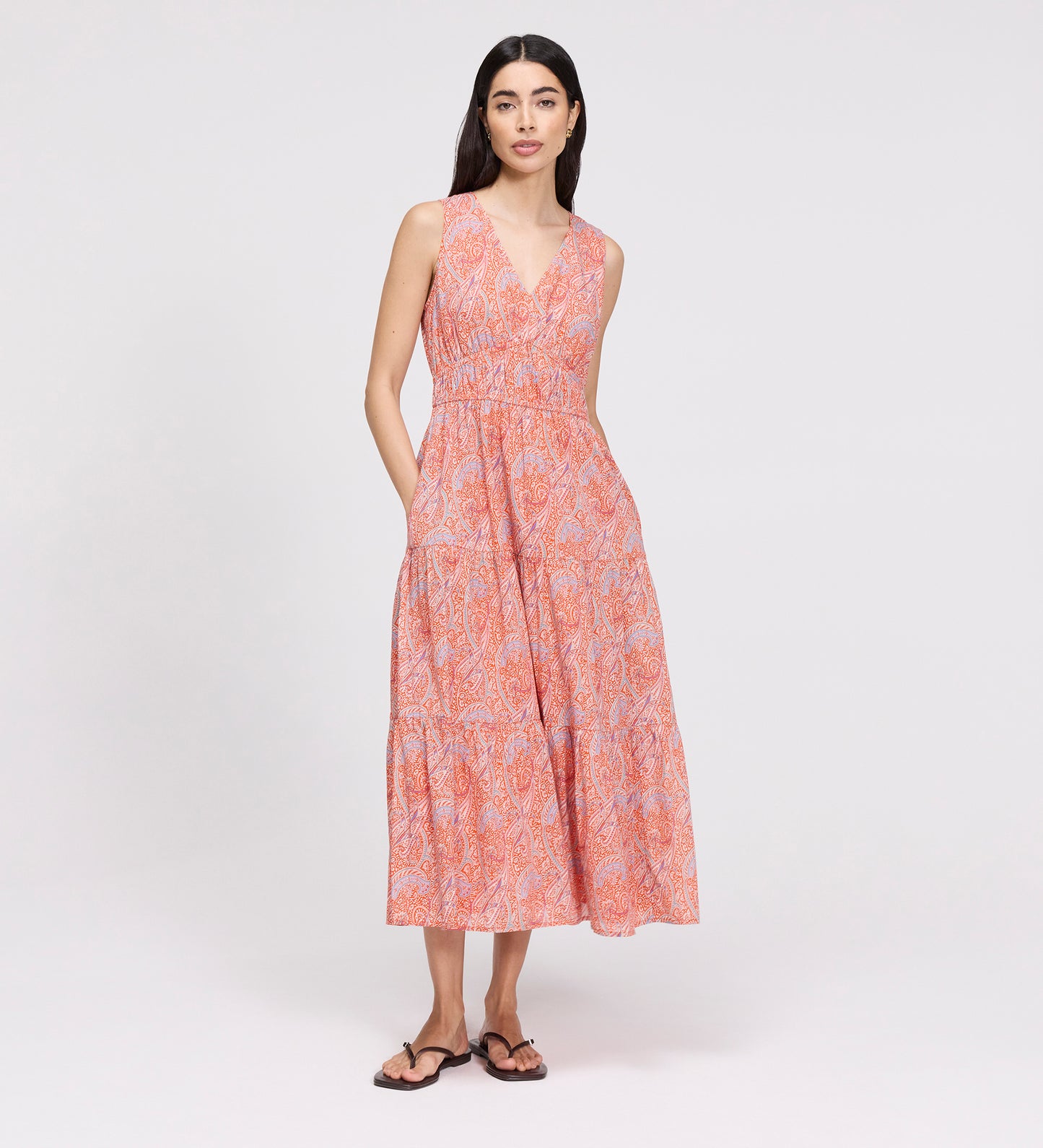 Shannon Orange Paisley Cotton Voile Tiered Midi Dress