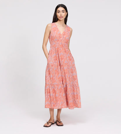 Shannon Orange Paisley Cotton Voile Tiered Midi Dress