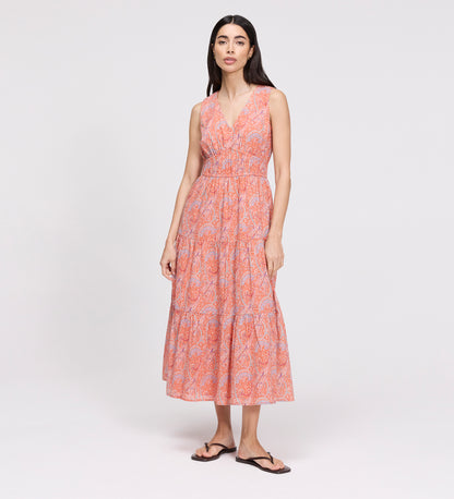 Shannon Orange Paisley Cotton Voile Tiered Midi Dress