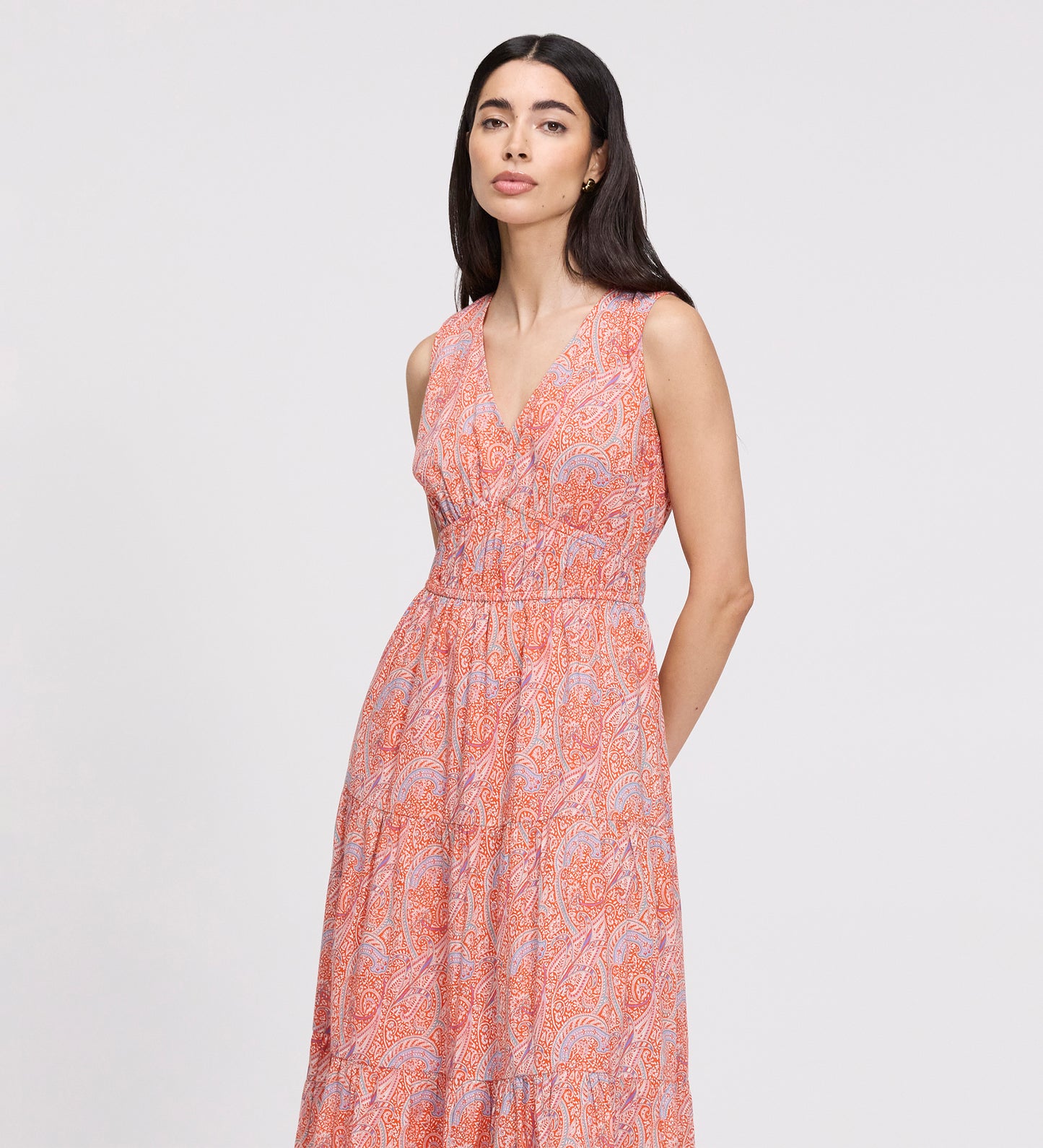 Shannon Orange Paisley Cotton Voile Tiered Midi Dress