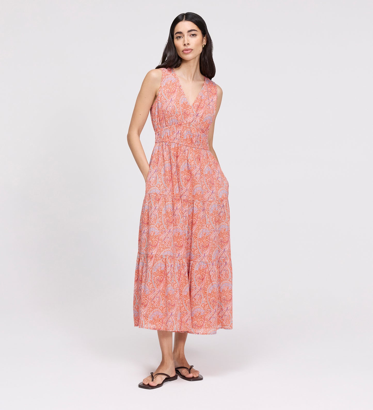 Shannon Orange Paisley Cotton Voile Tiered Midi Dress