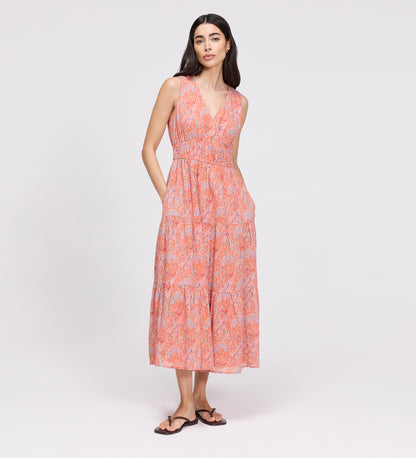 Shannon Orange Paisley Cotton Voile Tiered Midi Dress