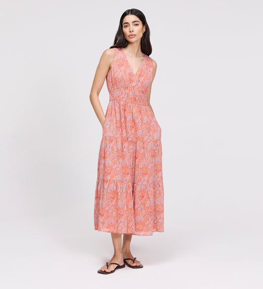 Shannon Orange Paisley Cotton Voile Tiered Midi Dress