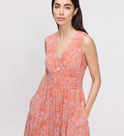 Shannon Orange Paisley Cotton Voile Tiered Midi Dress