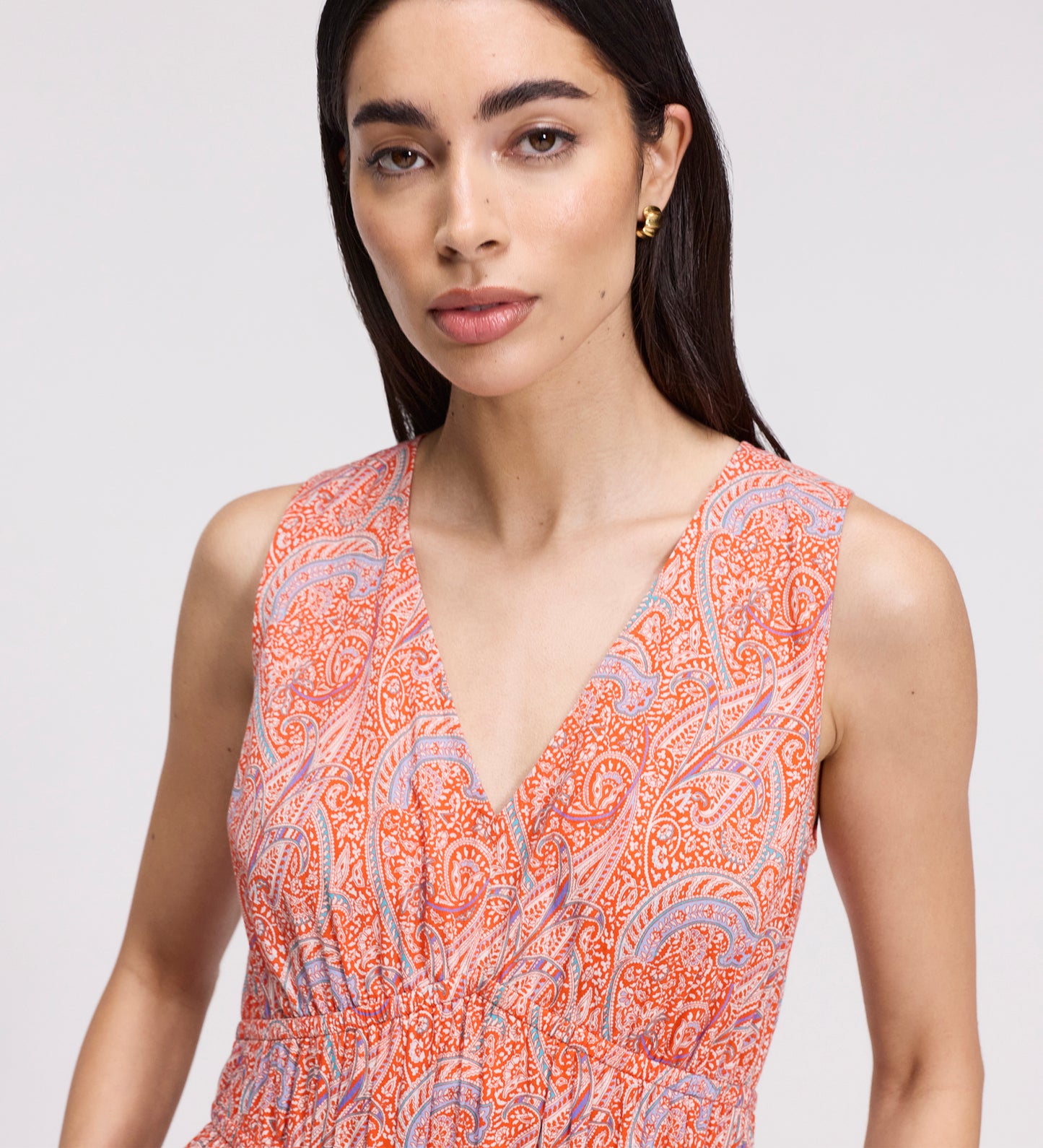 Shannon Orange Paisley Cotton Voile Tiered Midi Dress