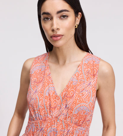 Shannon Orange Paisley Cotton Voile Tiered Midi Dress