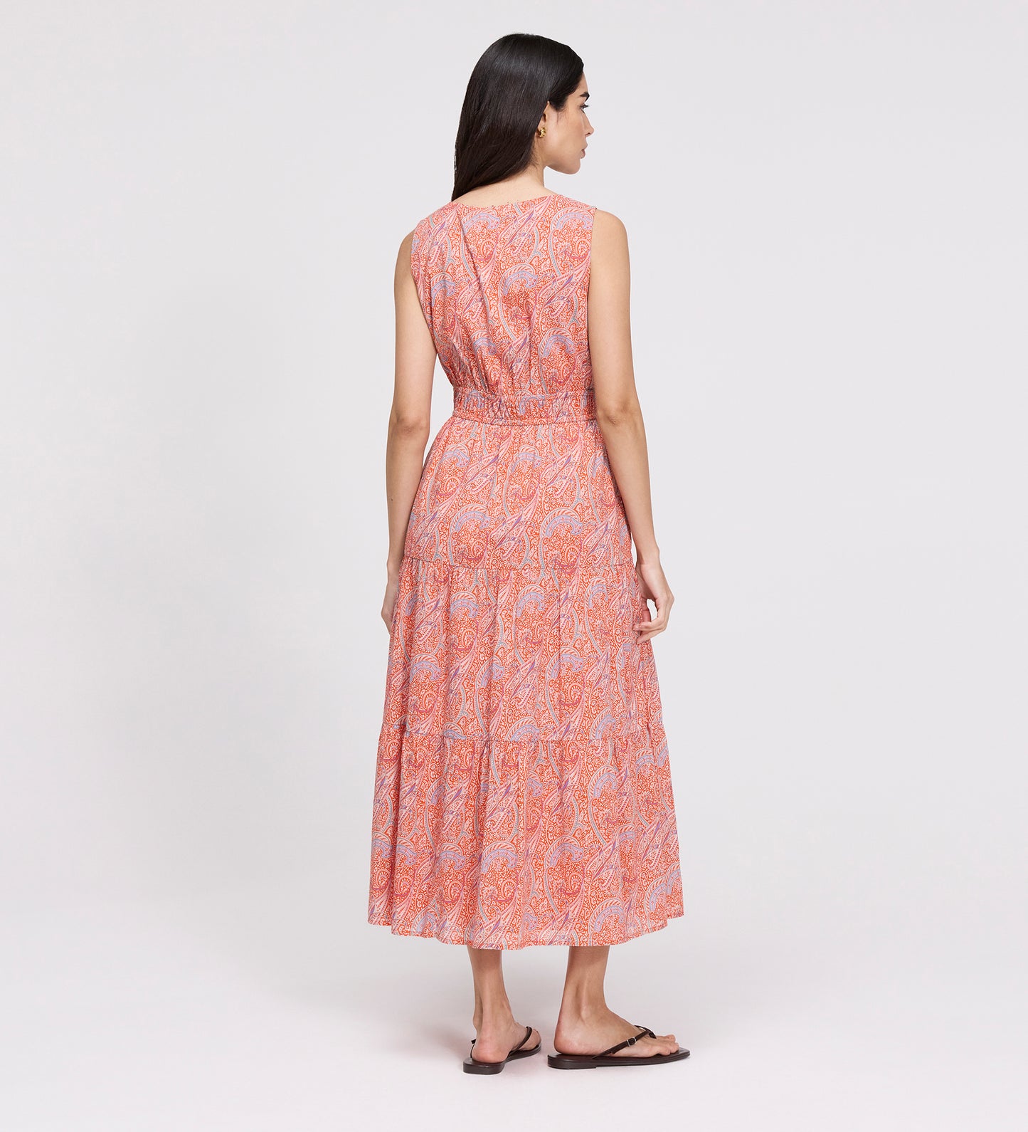 Shannon Orange Paisley Cotton Voile Tiered Midi Dress