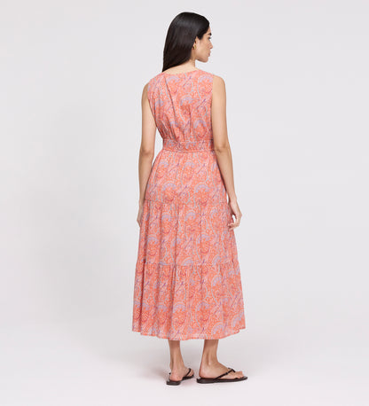 Shannon Orange Paisley Cotton Voile Tiered Midi Dress