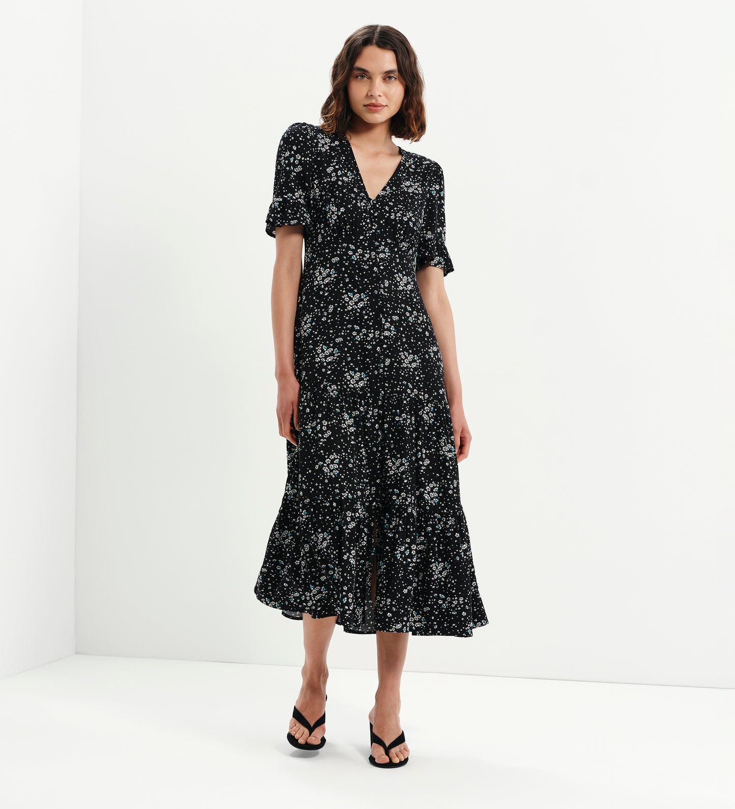Sinead Black Ditsy Tiered Midi Dress