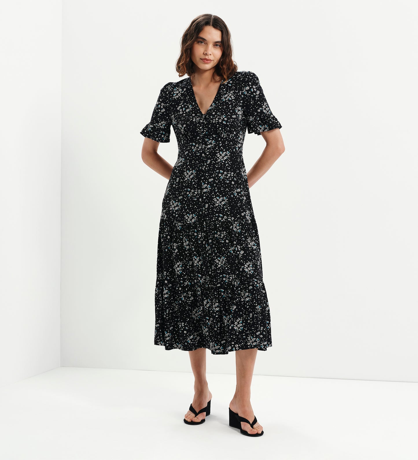 Sinead Black Ditsy Tiered Midi Dress