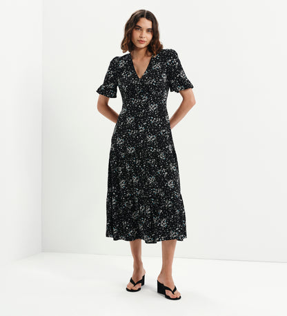 Sinead Black Ditsy Tiered Midi Dress