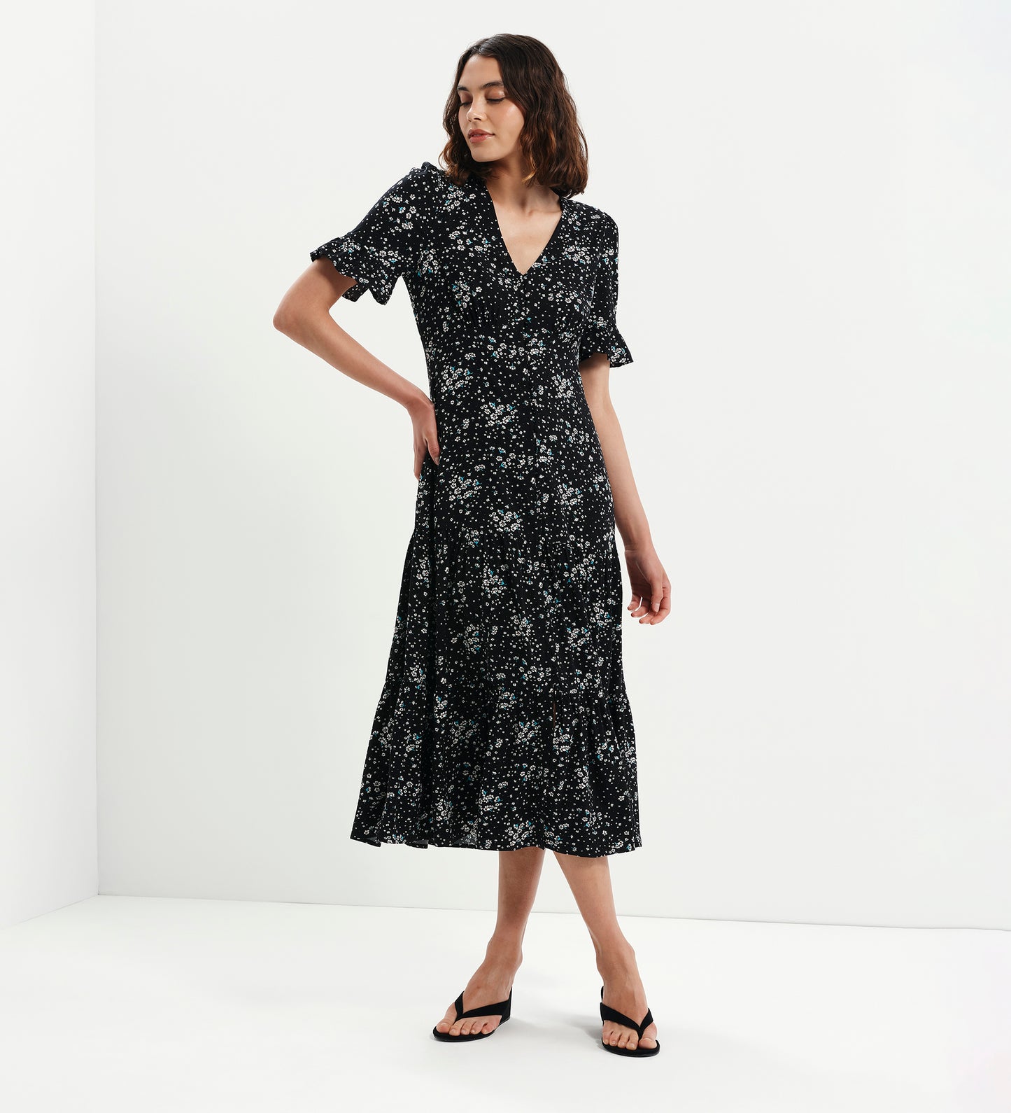 Sinead Black Ditsy Tiered Midi Dress