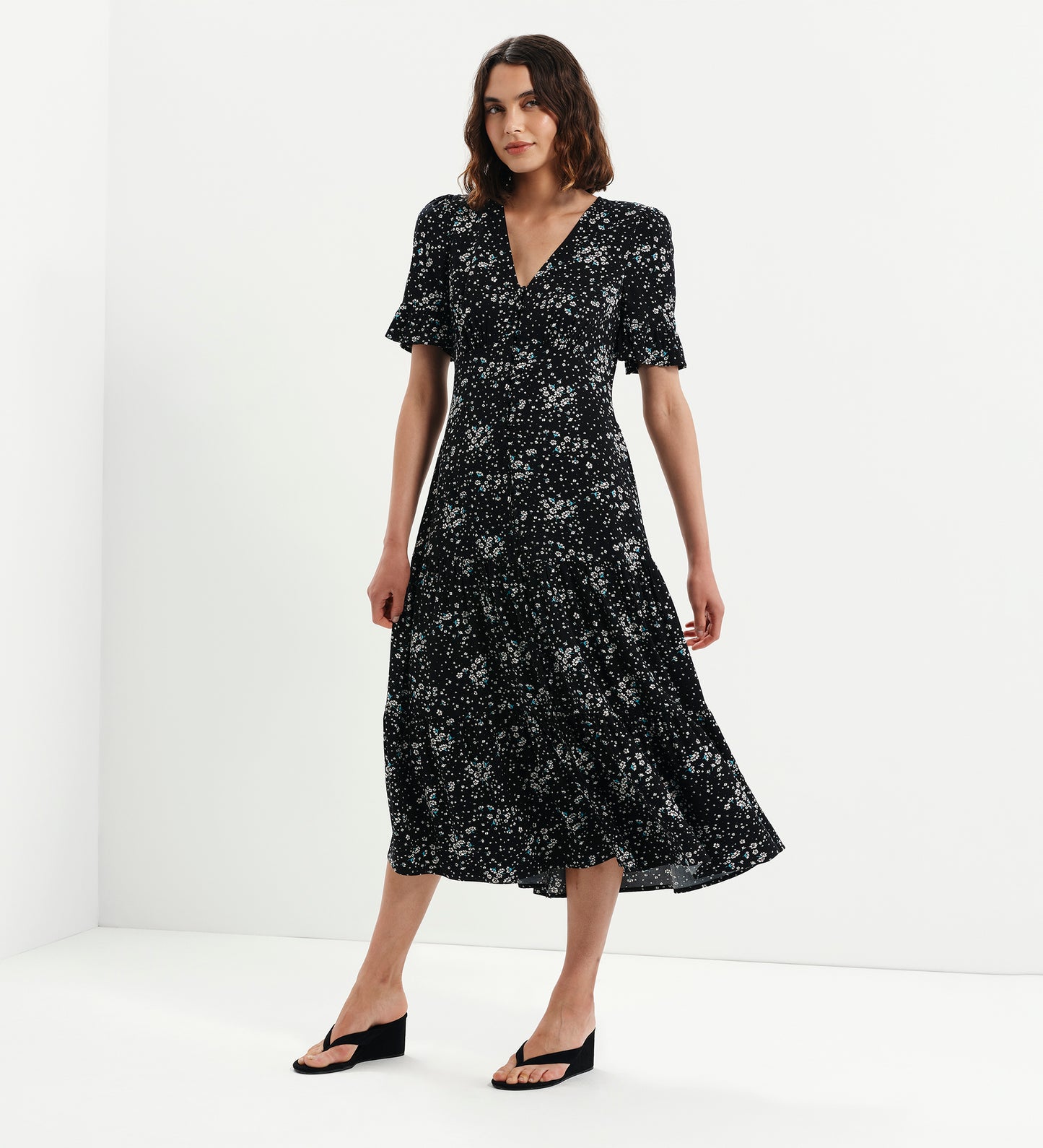 Sinead Black Ditsy Tiered Midi Dress