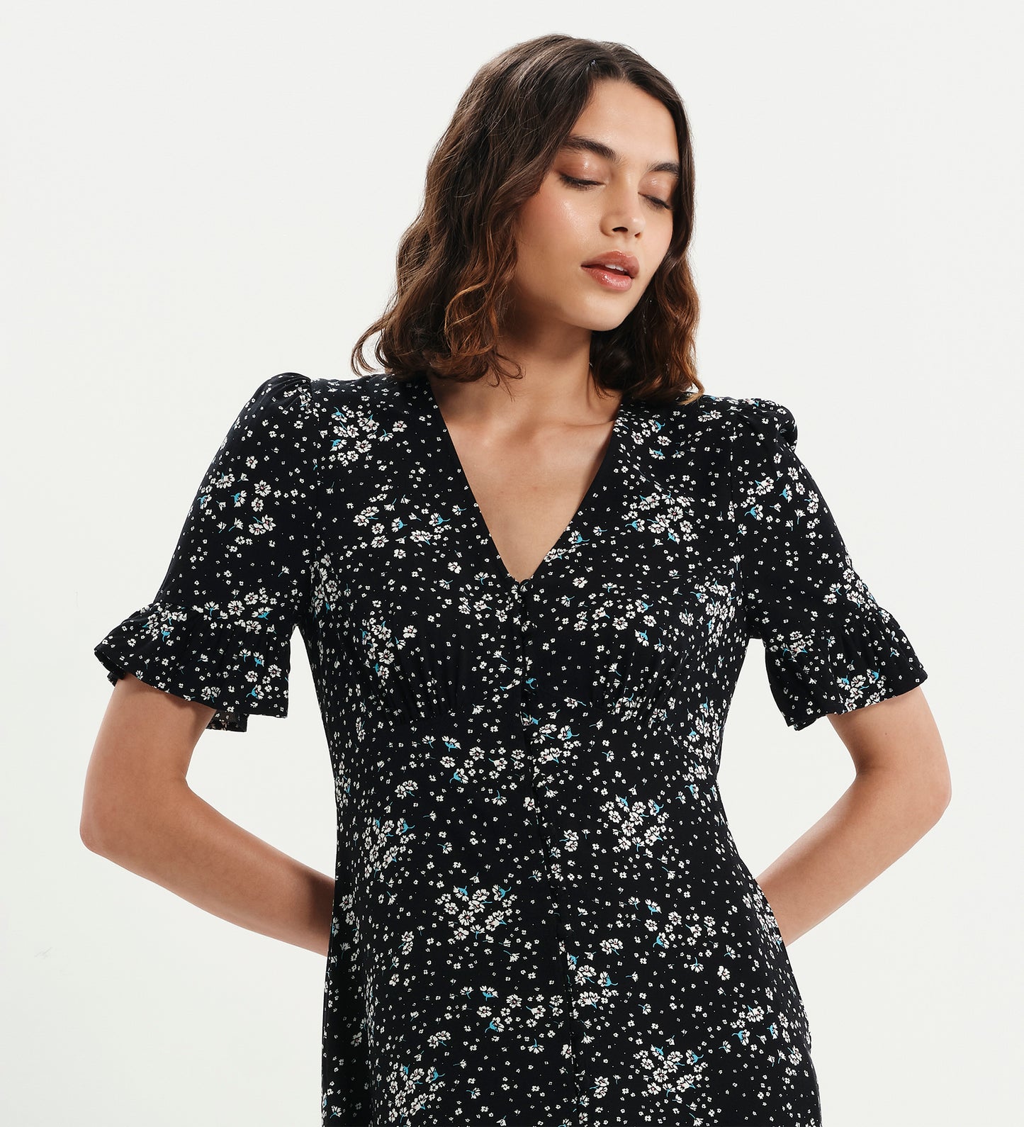 Sinead Black Ditsy Tiered Midi Dress