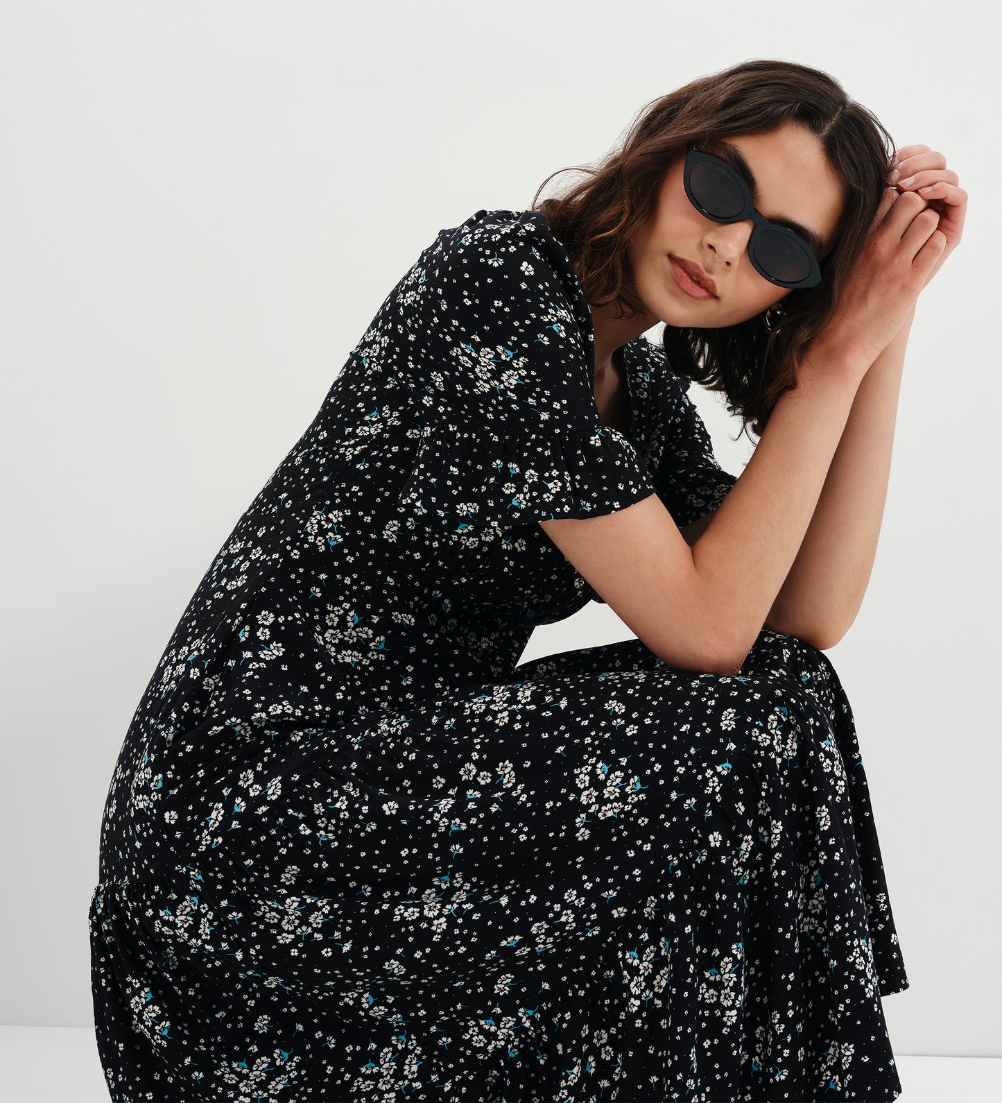 Sinead Black Ditsy Tiered Midi Dress