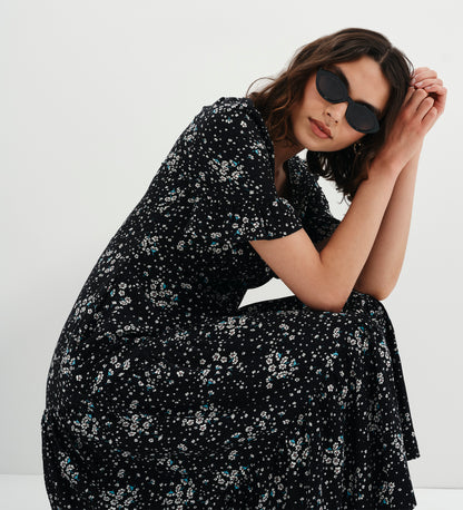 Sinead Black Ditsy Tiered Midi Dress