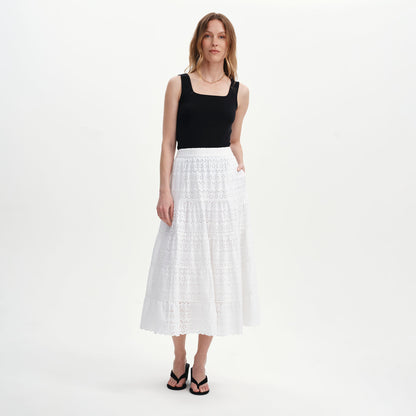 Siobhan White Cotton Broderie Tiered Midi Skirt
