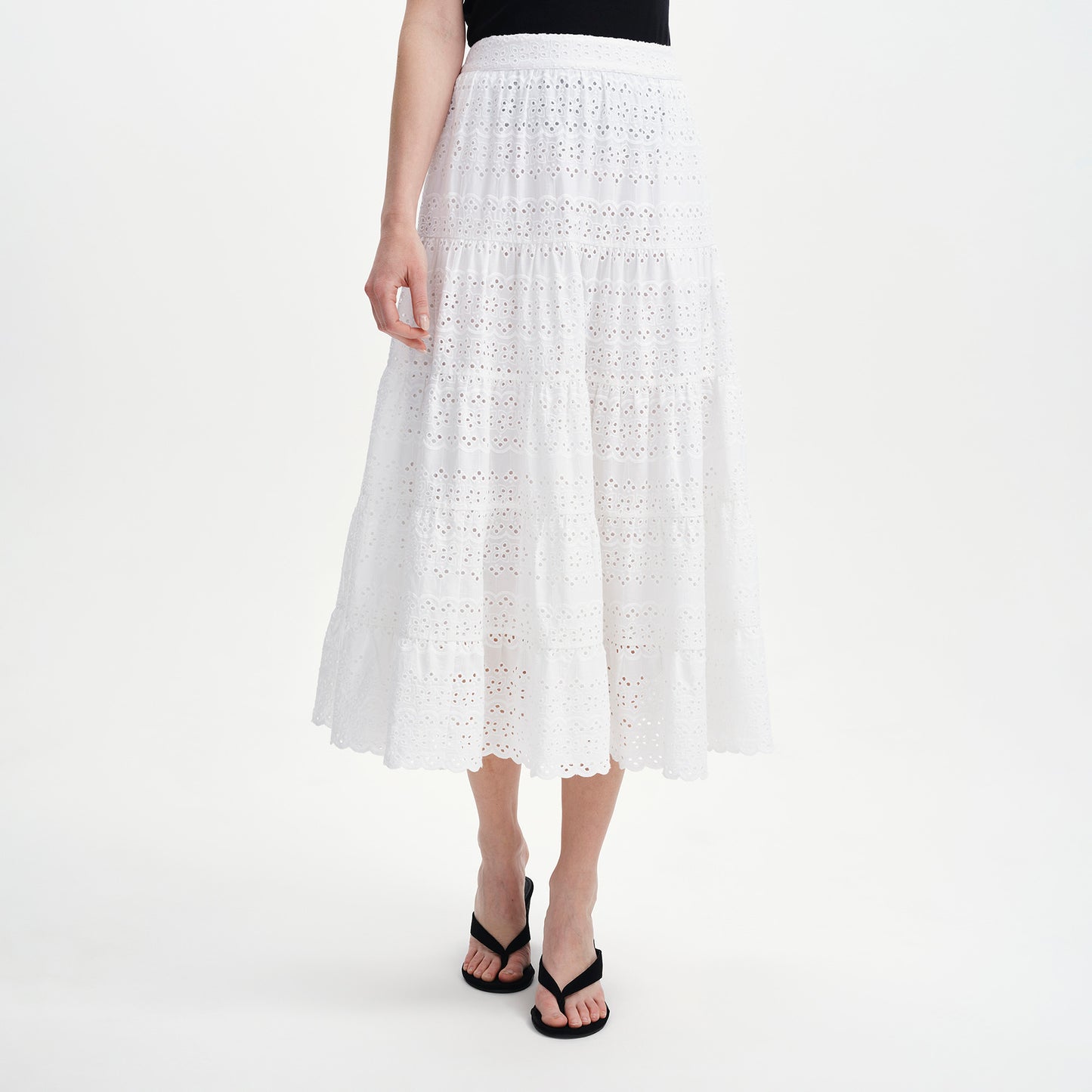 Siobhan White Cotton Broderie Tiered Midi Skirt