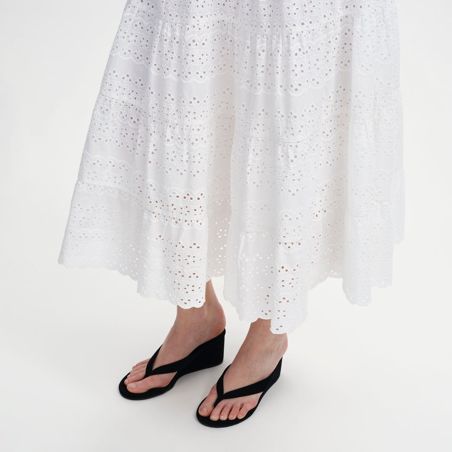 Siobhan White Cotton Broderie Tiered Midi Skirt