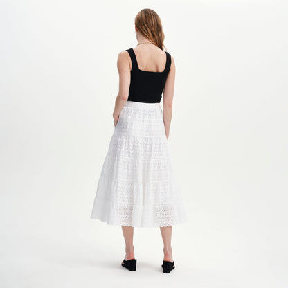Siobhan White Cotton Broderie Tiered Midi Skirt