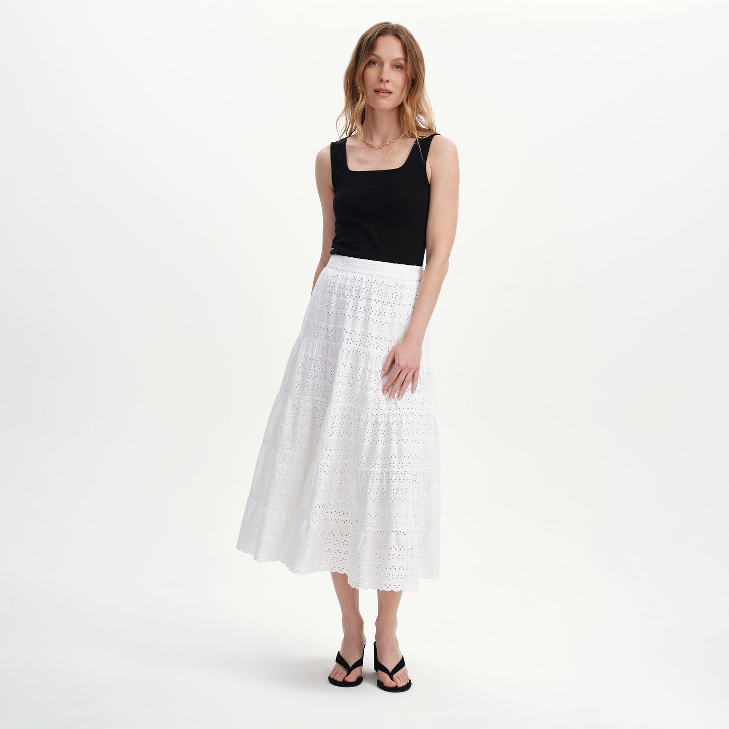 Siobhan White Cotton Broderie Tiered Midi Skirt