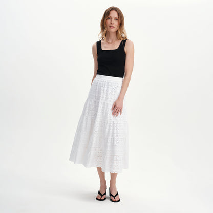 Siobhan White Cotton Broderie Tiered Midi Skirt