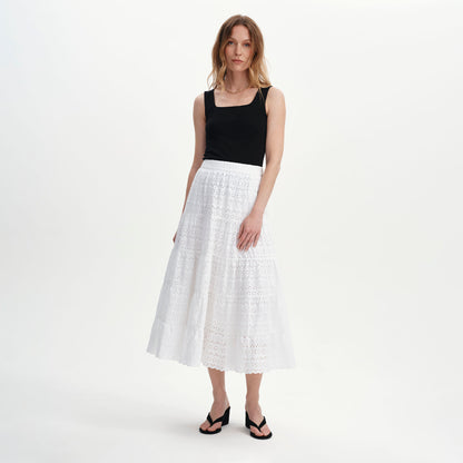 Siobhan White Cotton Broderie Tiered Midi Skirt