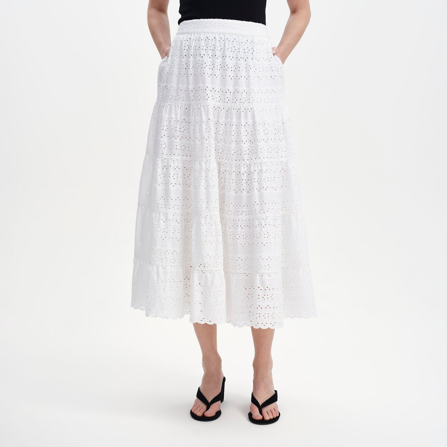 Siobhan White Cotton Broderie Tiered Midi Skirt