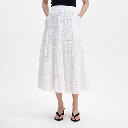 Siobhan White Cotton Broderie Tiered Midi Skirt