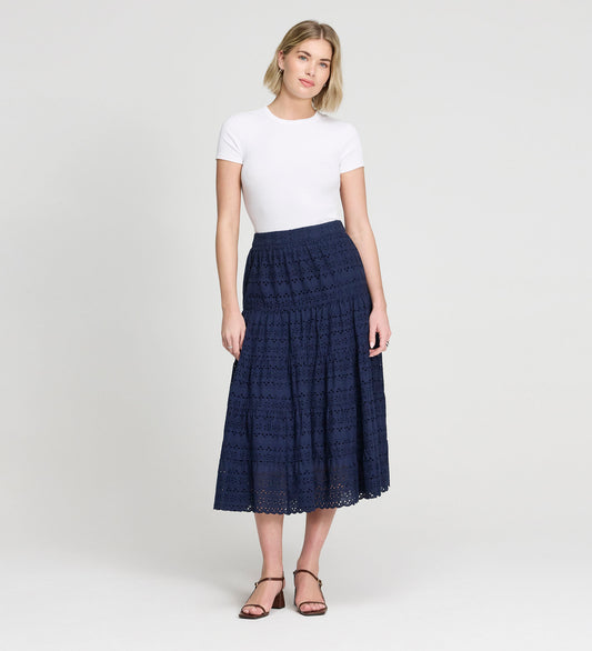 Siobhan Navy Cotton Broderie Tiered Midi Skirt