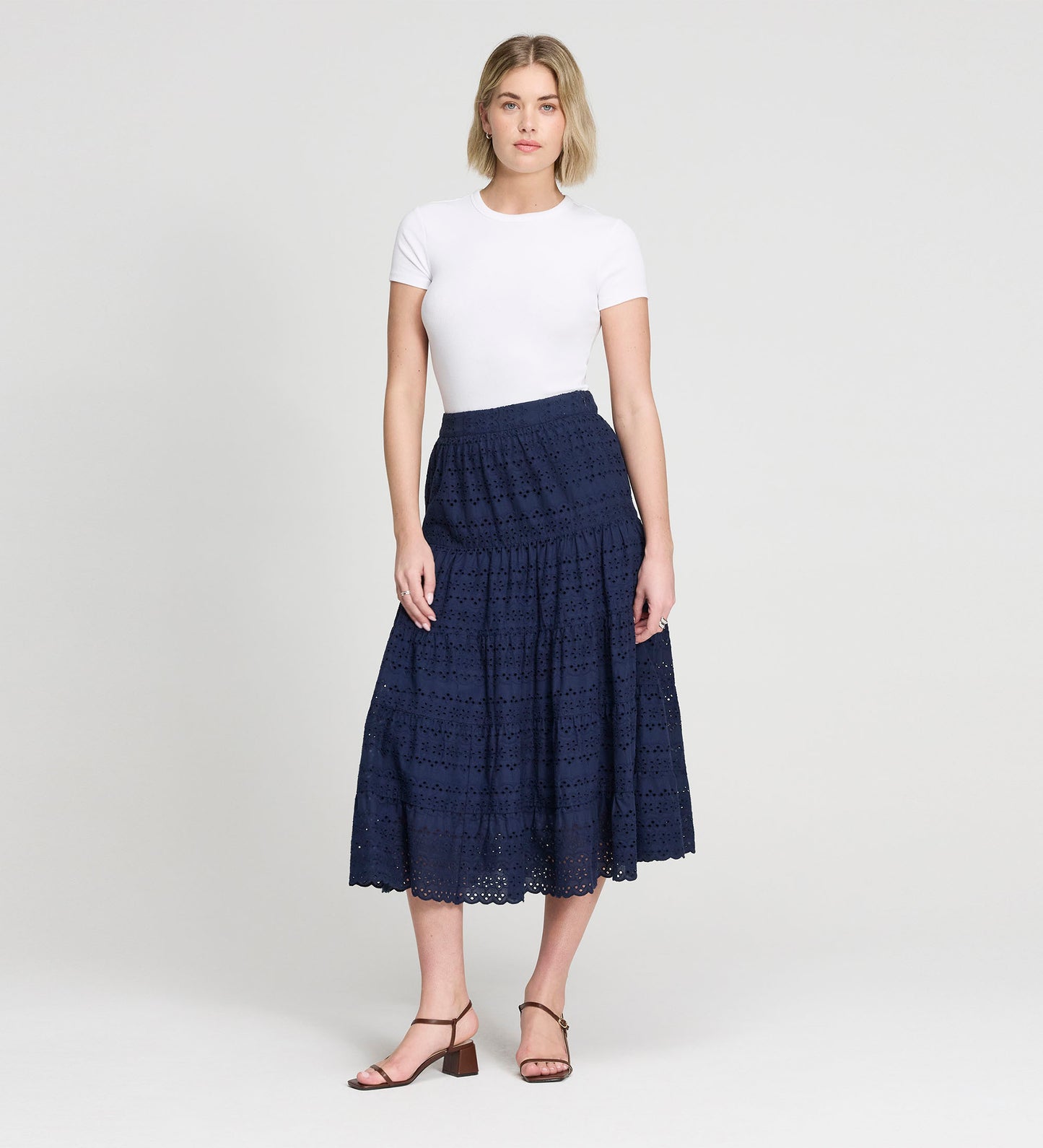 Siobhan Navy Cotton Broderie Tiered Midi Skirt