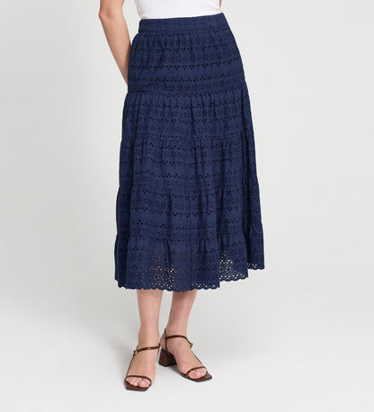 Siobhan Navy Cotton Broderie Tiered Midi Skirt