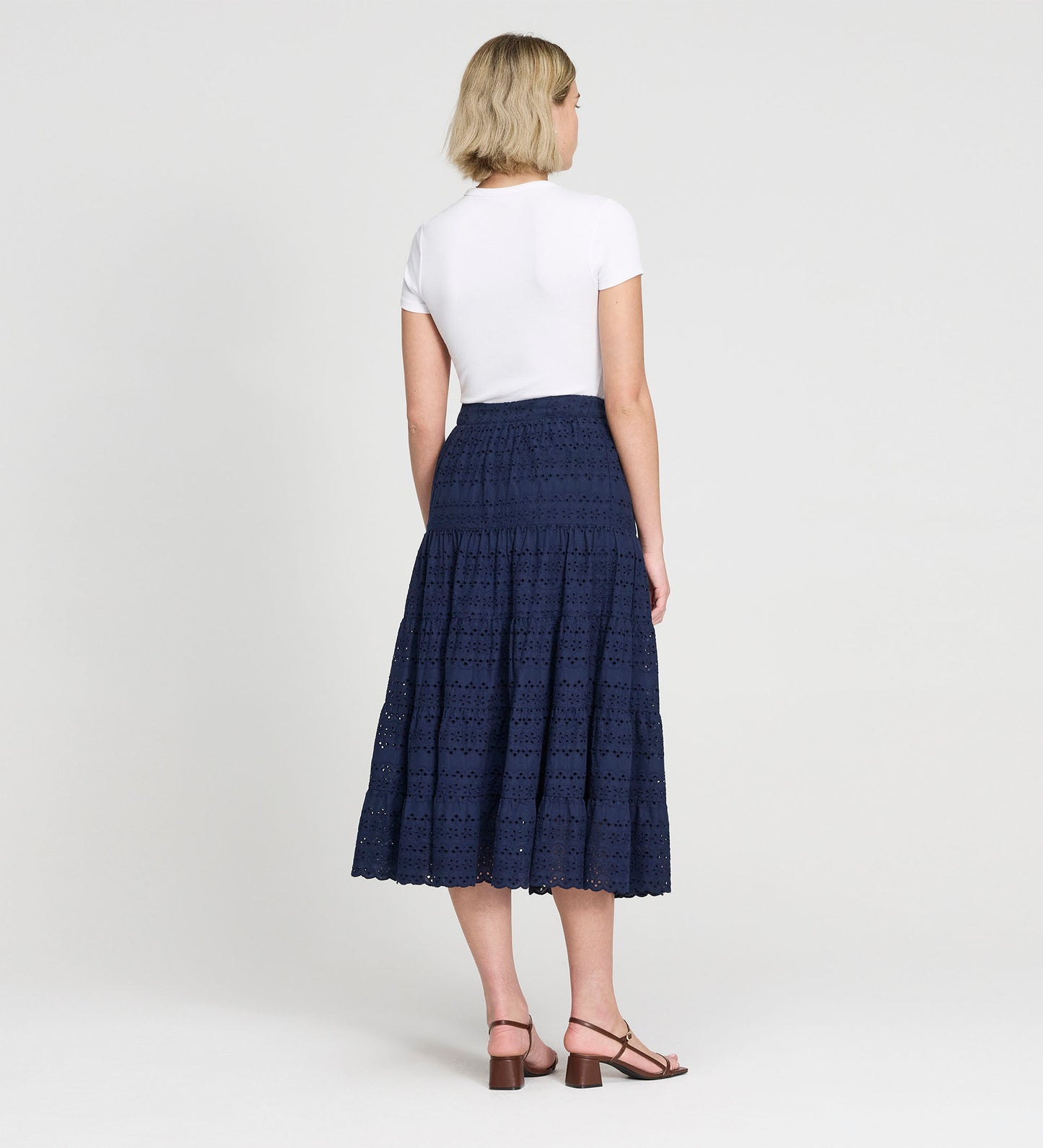 Siobhan Navy Cotton Broderie Tiered Midi Skirt
