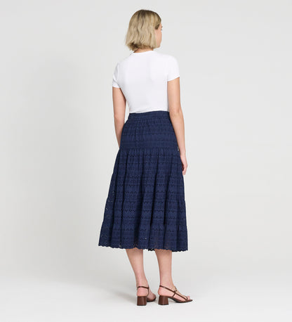 Siobhan Navy Cotton Broderie Tiered Midi Skirt