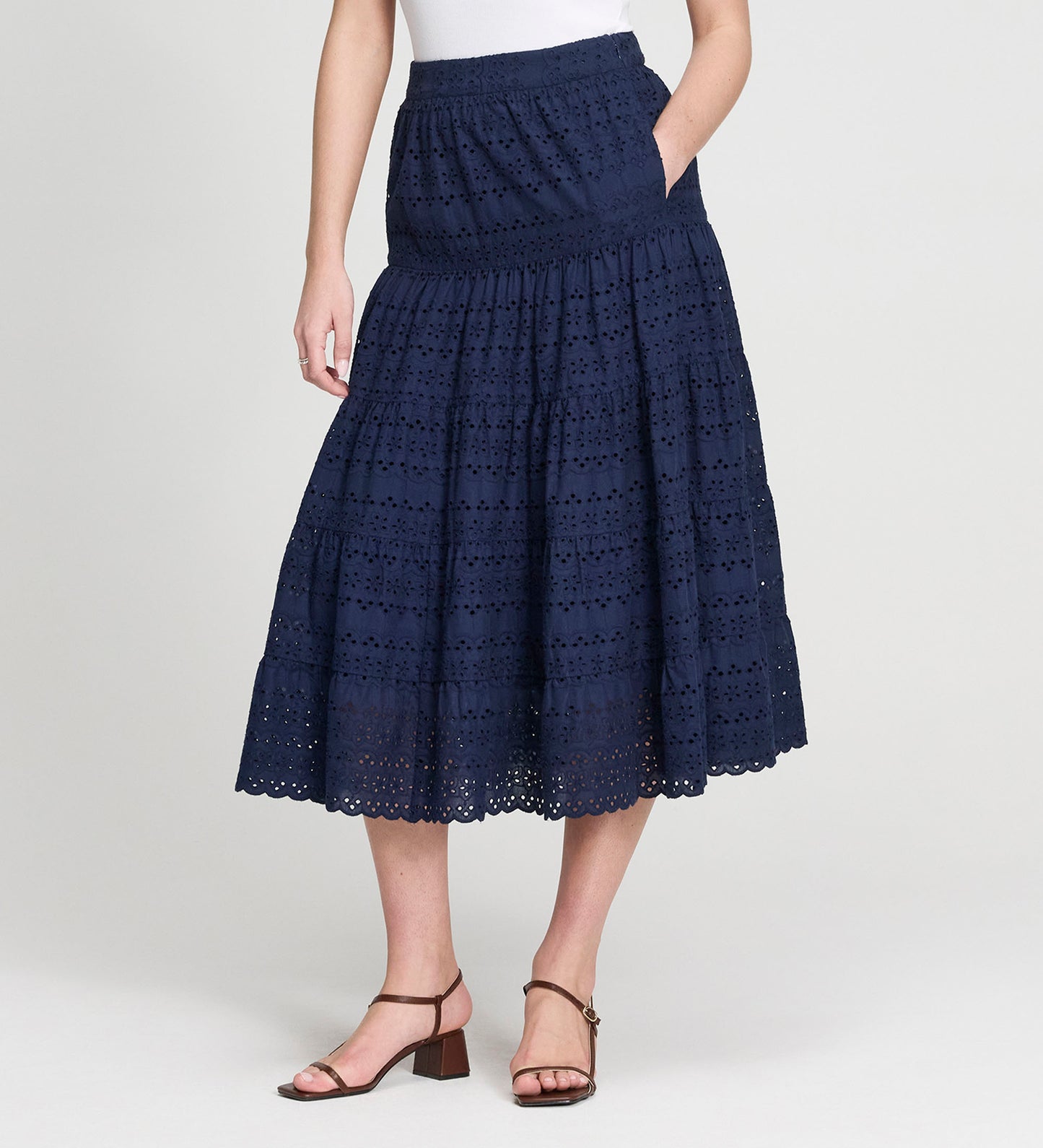 Siobhan Navy Cotton Broderie Tiered Midi Skirt