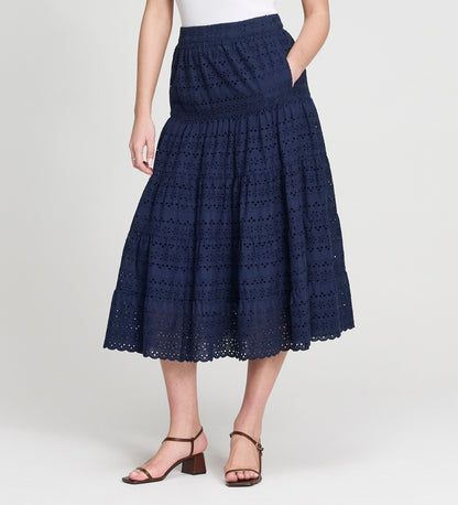 Siobhan Navy Cotton Broderie Tiered Midi Skirt