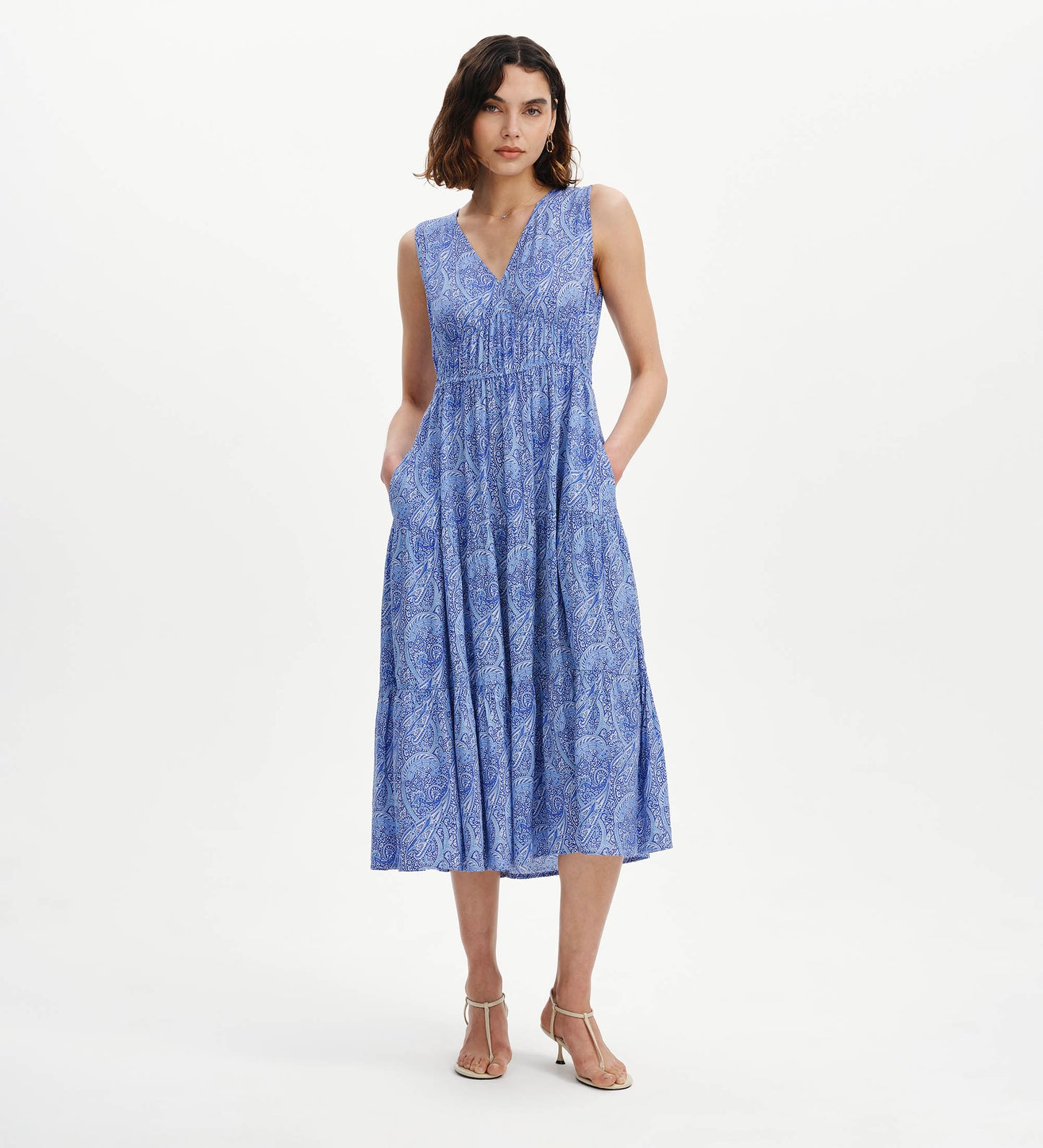 Stacey Blue Paisley Sleeveless Tiered Midi Dress