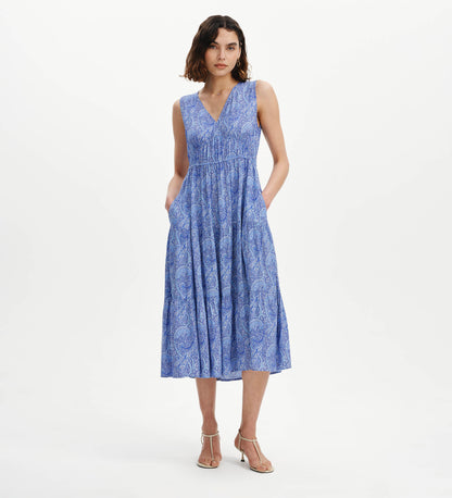 Stacey Blue Paisley Sleeveless Tiered Midi Dress