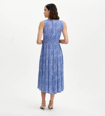 Stacey Blue Paisley Sleeveless Tiered Midi Dress