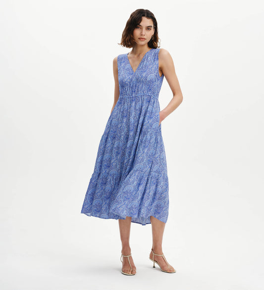 Stacey Blue Paisley Sleeveless Tiered Midi Dress