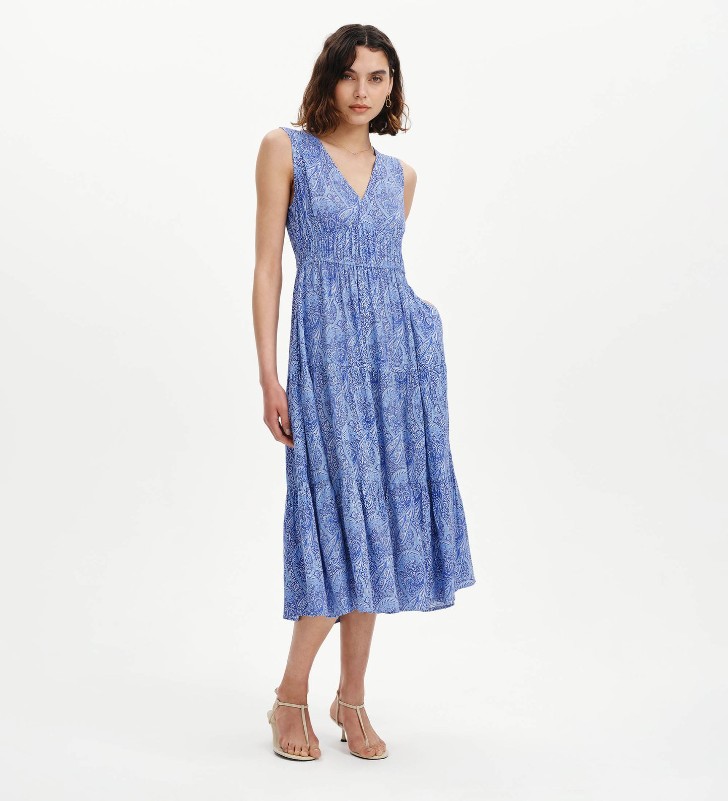 Stacey Blue Paisley Sleeveless Tiered Midi Dress
