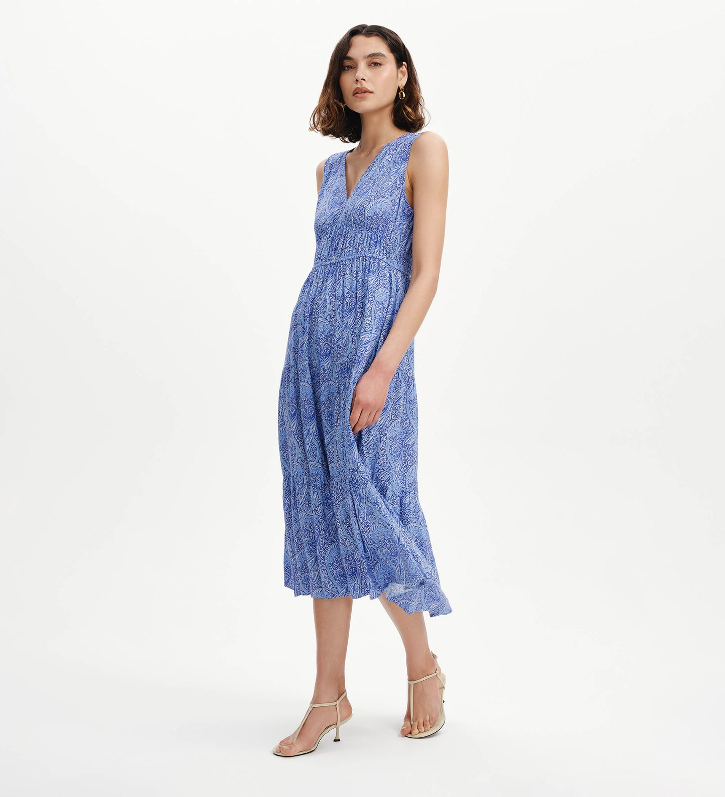 Stacey Blue Paisley Sleeveless Tiered Midi Dress