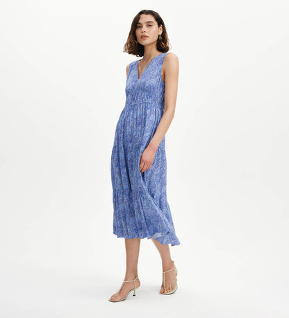 Stacey Blue Paisley Sleeveless Tiered Midi Dress